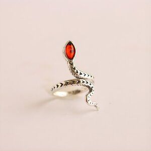 Baltic Cherry Amber Snake Ring in Sterling Silver